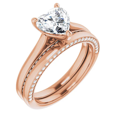 Heart Rose Gold Solitaire & Hidden Diamond Band Engagement Ring