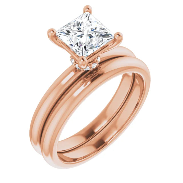 Princess Cut Rose Gold Low Hidden Halo Solitaire Engagement Ring