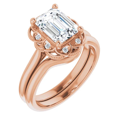 Emerald Rose Gold Antique Inspired Design Engagement Ring