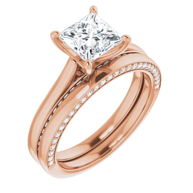 Princess Rose Gold Solitaire & Hidden Diamond Band Engagement Ring