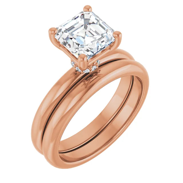 Asscher Cut Rose Gold Low Hidden Halo Solitaire Engagement Ring