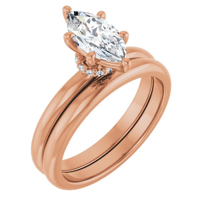 Marquise Cut Rose Gold Low Hidden Halo Solitaire Engagement Ring