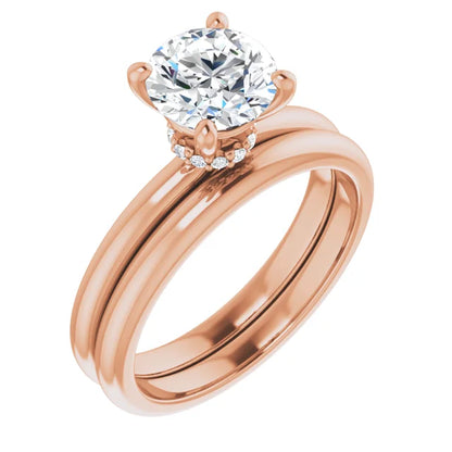 Round Brilliant Cut Rose Gold Low Hidden Halo Solitaire Engagement Ring