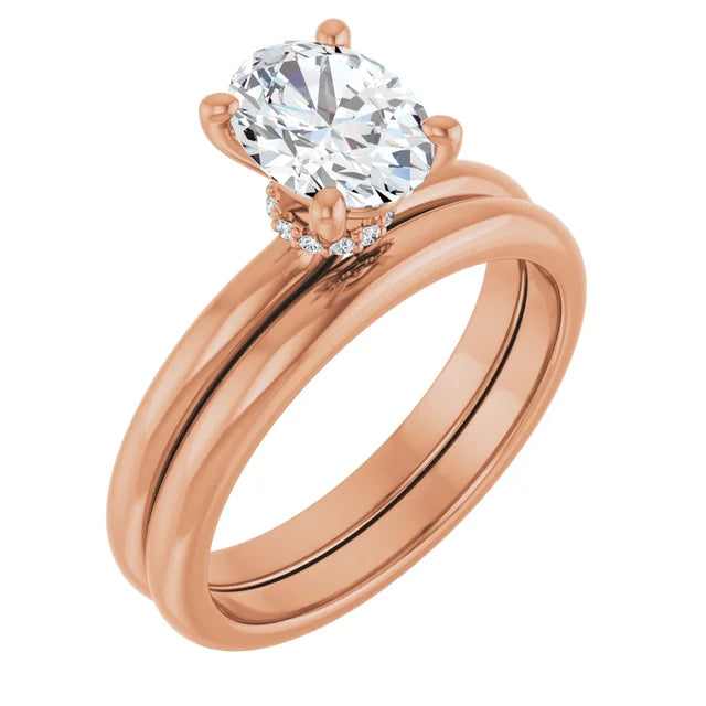 Oval Cut Rose Gold Low Hidden Halo Solitaire Engagement Ring