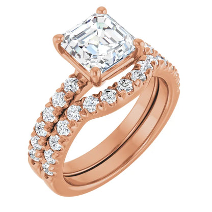Asscher Four Claw Pave Rose Gold Engagement Ring 