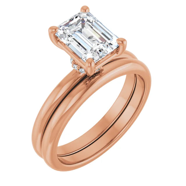 Emerald Cut Rose Gold Low Hidden Halo Solitaire Engagement Ring