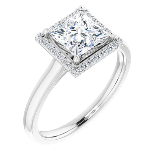 Princess Halo Solitaire Lab Diamond Engagement Ring White Gold. 