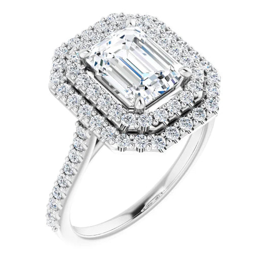 Emerald Double Halo White Gold Lab Diamond Engagement Ring 