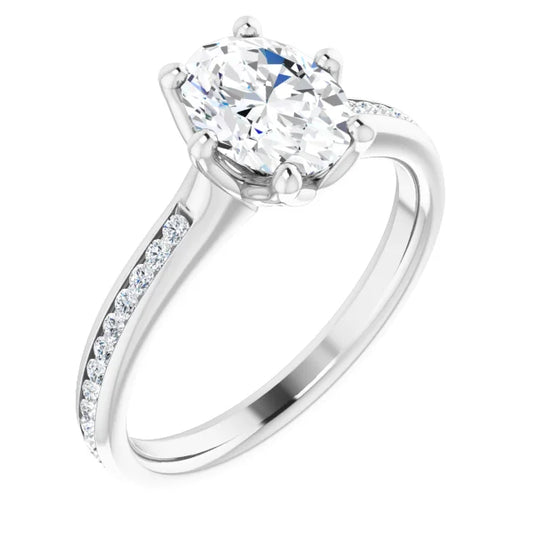 Oval White Gold Six Claw Channel Set Lab Diamond Engagement Ring 