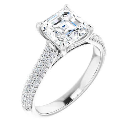 Asscher White Gold Pave Lab Diamond Engagement Ring 