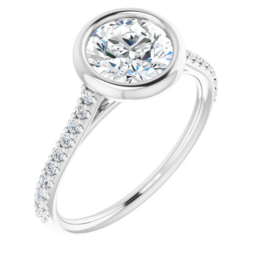 Round Brilliant White Gold Bezel Pave Lab Diamond Engagement Ring 