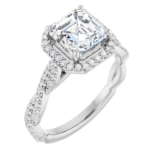Asscher White Gold Halo Twist Pave Moissanite Engagement Ring 