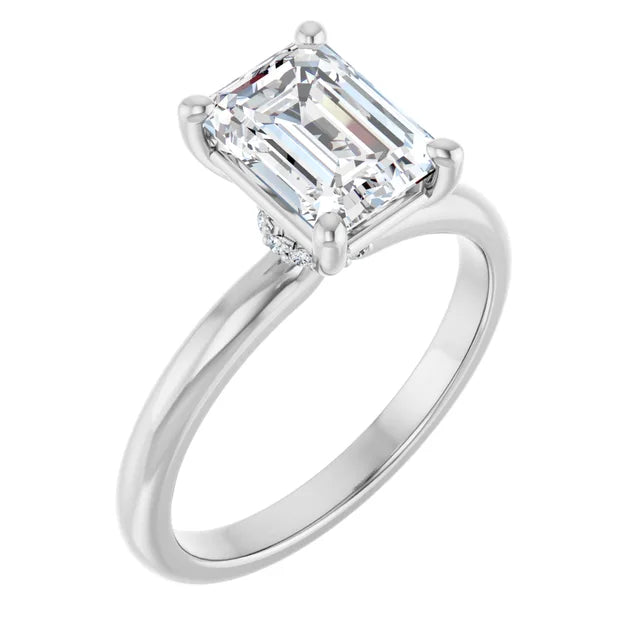 Emerald Cut White Gold Low Hidden Halo Solitaire Engagement Ring