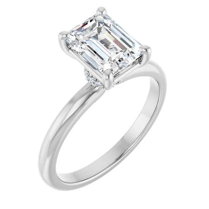 Emerald Cut White Gold Low Hidden Halo Solitaire Engagement Ring