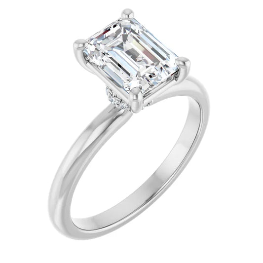 Emerald Cut White Gold Low Hidden Halo Solitaire Engagement Ring