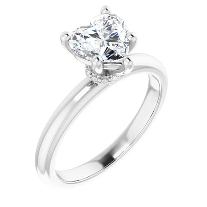 Heart Cut White Gold Low Hidden Halo Solitaire Engagement Ring