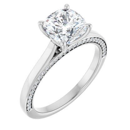 Cushion White Gold Solitaire & Hidden Diamond Band Engagement Ring