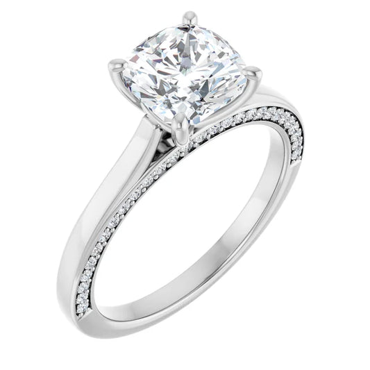 Cushion White Gold Solitaire & Hidden Diamond Band Engagement Ring