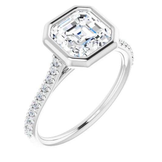 Asscher White Gold Bezel Pave Lab Diamond Engagement Ring 