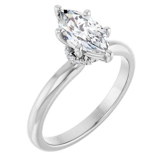 Marquise Cut White Gold Low Hidden Halo Solitaire Engagement Ring