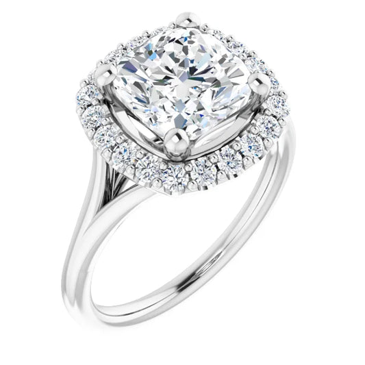 Cushion White Gold Halo Solitaire Split Band Lab Diamond Engagement Ring 