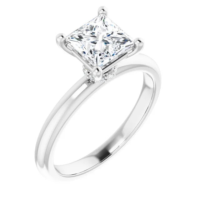 Princess Cut White Gold Low Hidden Halo Solitaire Engagement Ring
