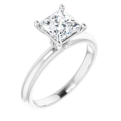Princess Cut White Gold Low Hidden Halo Solitaire Engagement Ring