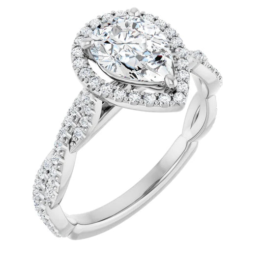 Pear White Gold Halo Twist Pave Moissanite Engagement Ring 