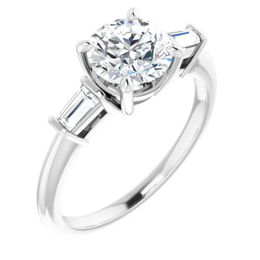 Round Brilliant White Gold Baguette Accent Lab Diamond Engagement Ring 