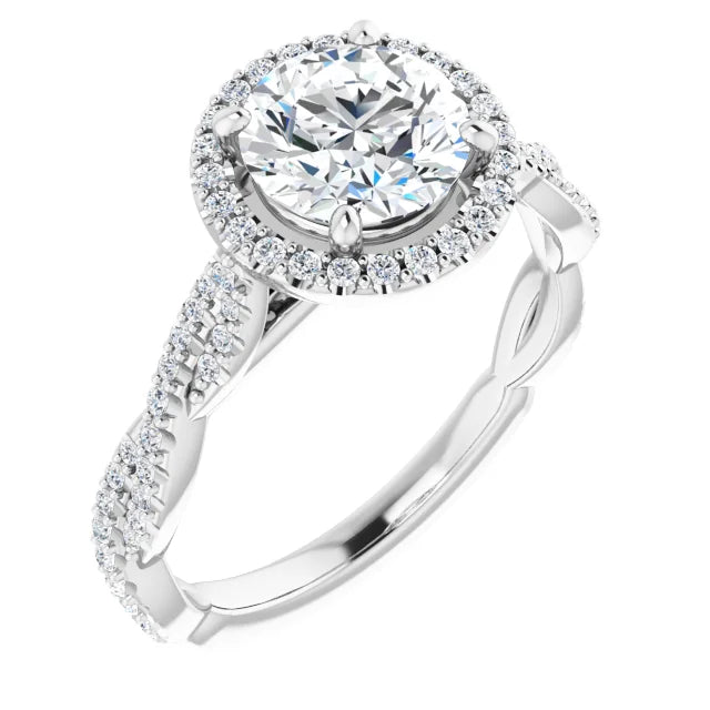 Round Brilliant White Gold Halo Twist Pave Moissanite Engagement Ring 
