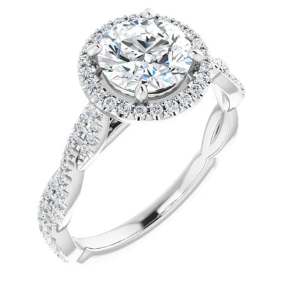 Round Brilliant White Gold Halo Twist Pave Moissanite Engagement Ring 