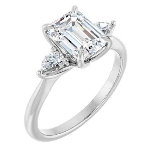 Emerald White Gold Tri -Stone Style Pear Accent Engagement Ring