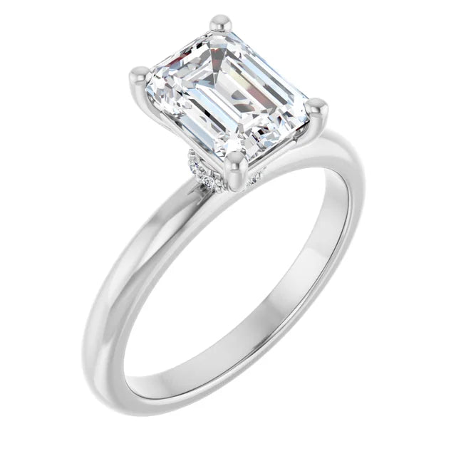 Emerald Cut White Gold Low Hidden Halo Solitaire Engagement Ring
