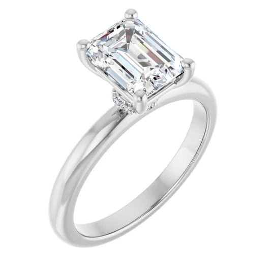 Emerald Cut White Gold Low Hidden Halo Solitaire Engagement Ring