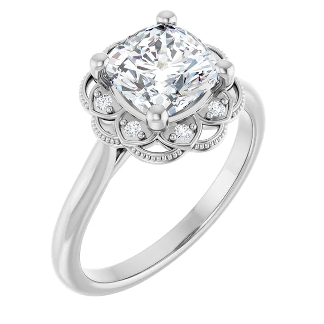 Cushion White Gold Antique Inspired Design Engagement Ring
