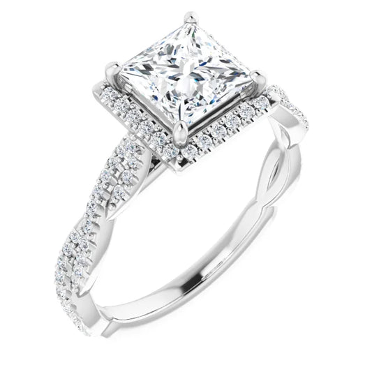 Princess White Gold Halo Twist Pave Moissanite Engagement Ring 