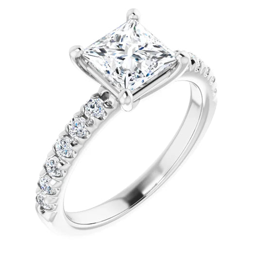 Princess White Gold Four Claw Pave Band Lab Diamond Engagement Ring 