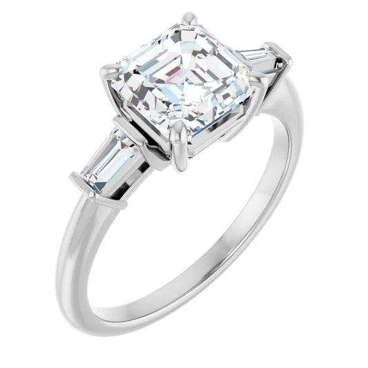 Asscher White Gold Baguette Accent Lab Diamond Engagement Ring 
