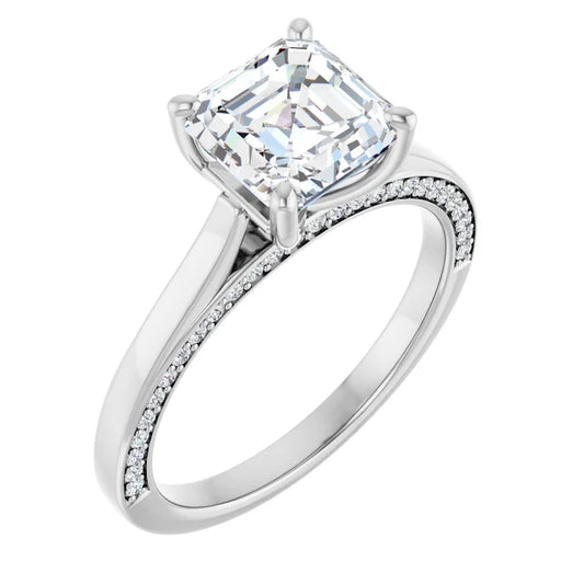 Asscher White Gold Solitaire & Hidden Diamond Band Engagement Ring