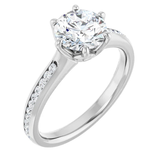 Round Brilliant White Gold Six Claw Channel Set Lab Diamond Engagement Ring 