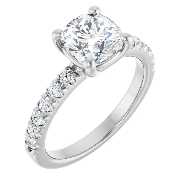 Cushion Four Claw Pave White Gold Engagement Ring 