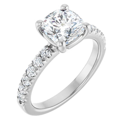 Cushion Four Claw Pave White Gold Engagement Ring 