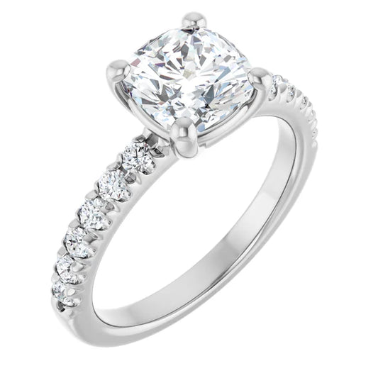 Cushion Four Claw Pave White Gold Engagement Ring 