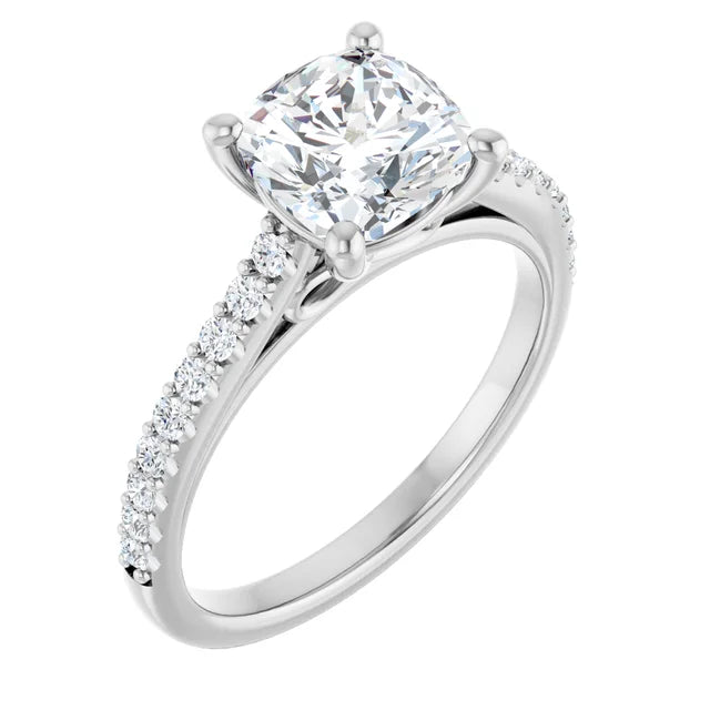 Cushion White Gold Pave Style Lab Diamond Engagement Ring 