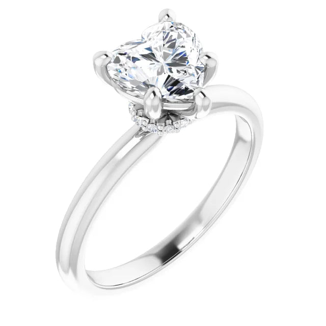 Heart Cut White Gold Low Hidden Halo Solitaire Engagement Ring