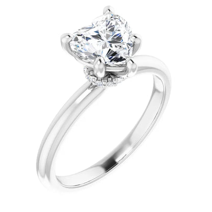 Heart Cut White Gold Low Hidden Halo Solitaire Engagement Ring