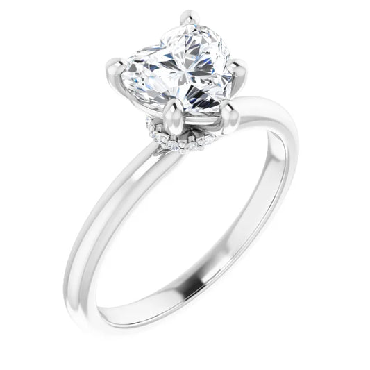 Heart Cut White Gold Low Hidden Halo Solitaire Engagement Ring
