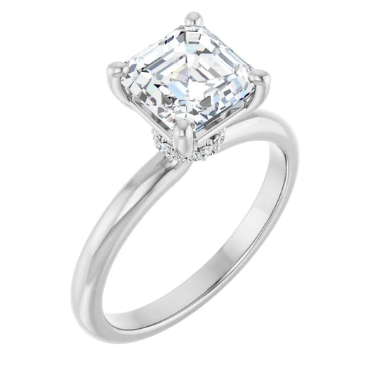 Asscher Cut White Gold Low Hidden Halo Solitaire Engagement Ring