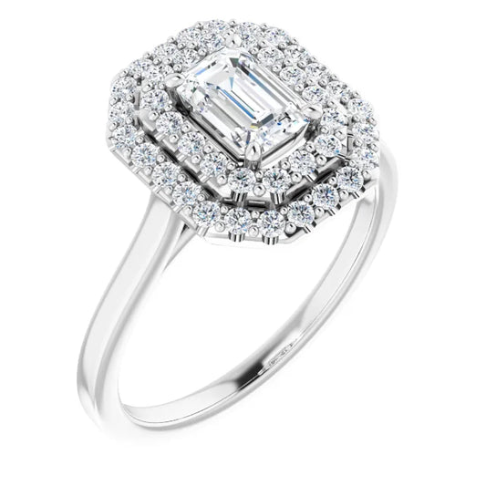 Emerald White Gold Double Halo Solitaire Lab Diamond Engagement Ring