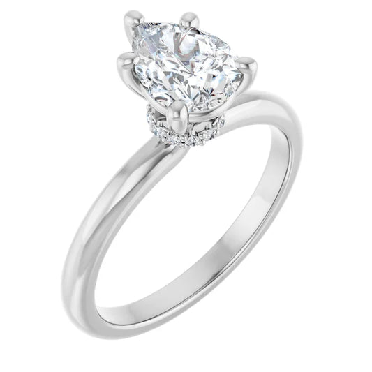 Pear Cut White Gold Low Hidden Halo Solitaire Engagement Ring